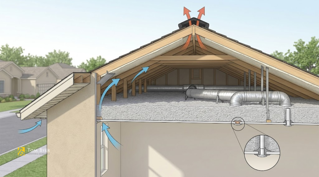 Soffit and ridge vent airflow with attic insulation layers in a stucco home for heat control and ventilation efficiency