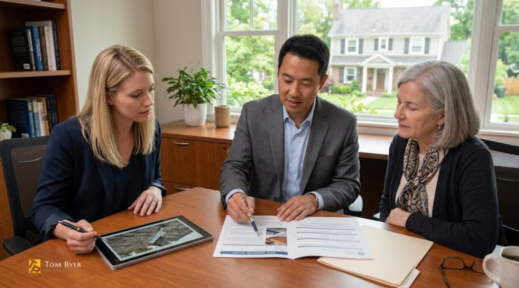 Roof inspection timing discussion during escrow in Garden Grove showing buyers reviewing report before final negotiations