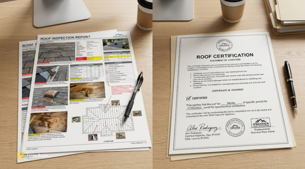 Comparison of roof inspection report and certification documents for Garden Grove real estate transactions