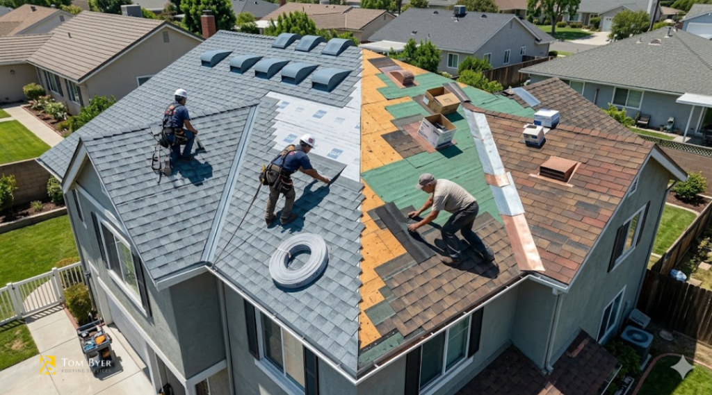 Single-brand roofing system versus mixed components showing warranty coverage differences on a residential roof in Southern California