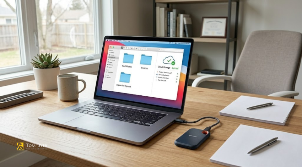 Organized digital storage system with roof inspection files, invoices, and photos for easy access during insurance or warranty claim review