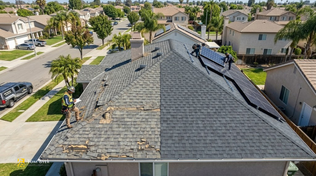 Roof insurance claim and financing split for storm damage and upgrade project in Garden Grove residential home setting