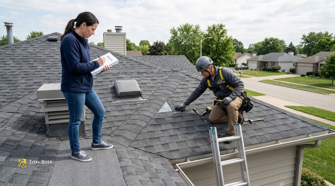 Homeowner and roofer documenting routine roof maintenance logs to support insurance claims and verify consistent roof condition over time