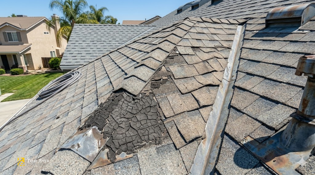 Close-up of residential roof under intense sunlight showing faded shingles, dried sealant cracks, and slight warping from heat exposure, suburban Southern California setting, clear blue sky with strong sunlight, top-down angled shot capturing roof texture and wear patterns, high contrast lighting with sharp shadows, realistic material degradation details, no text, no watermark, high resolution, professional photography style, aspect ratio 16:9